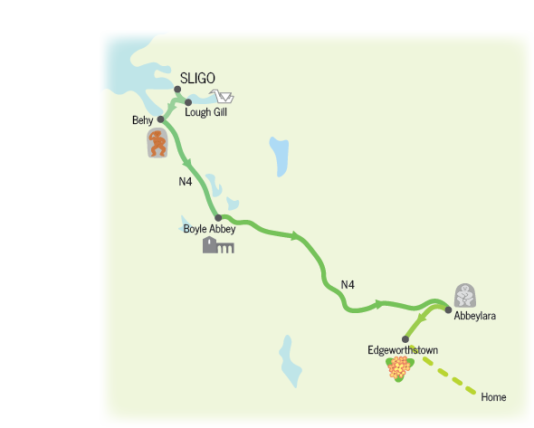 Map shows route for Day 4 from Sligo to Edgeworthstown via Behy, Boyle and Abbeylara