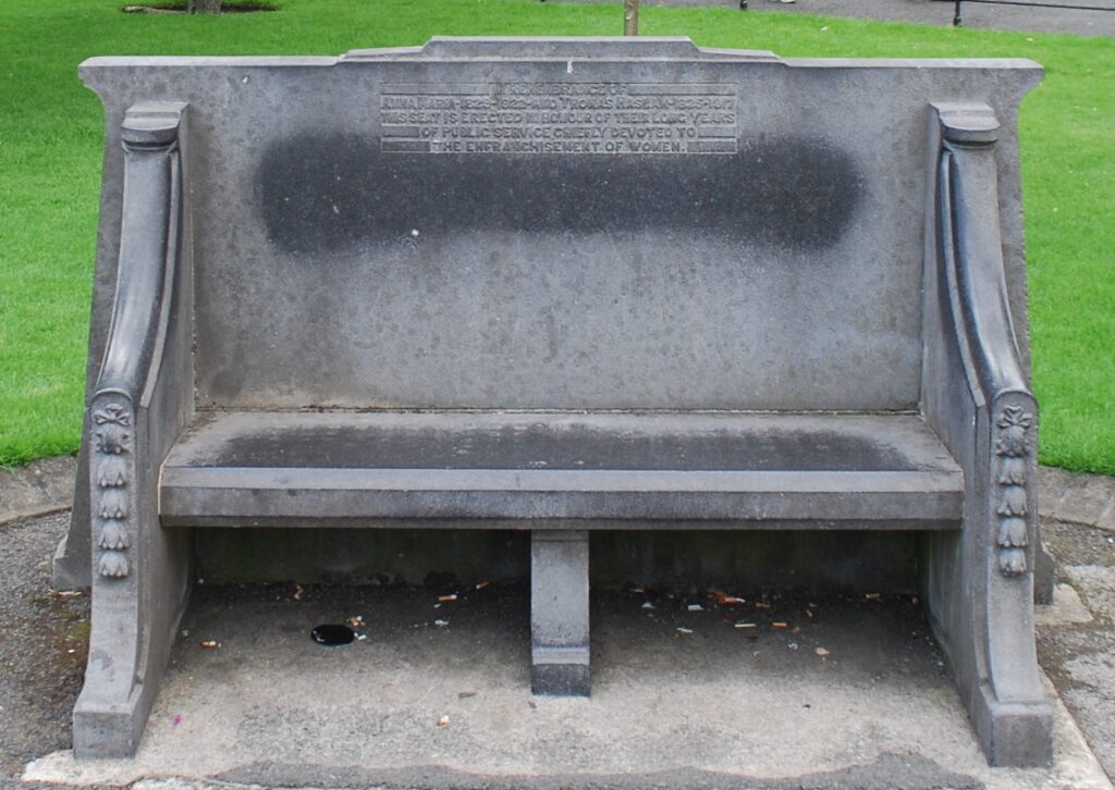 Ornate stone seat in St Stephen's Green commemorating Anna and Thomas Haslam for their dedication to the cause of women's suffrage. 