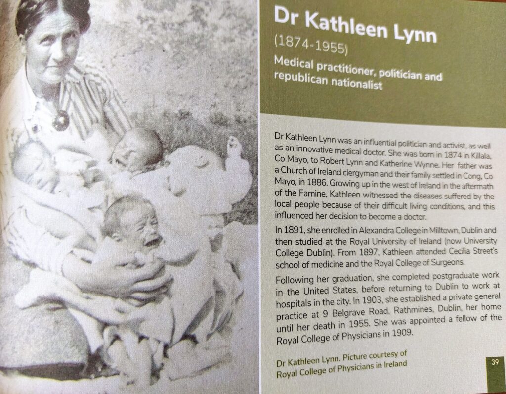 Page from Her Keys to the CIty featuring Dr Kathleen Lynn 1874-1955. There is a column of text beside a black and white photo of Dr Lynn holding three wriggly babies who don't look a ll that happy, or secure!