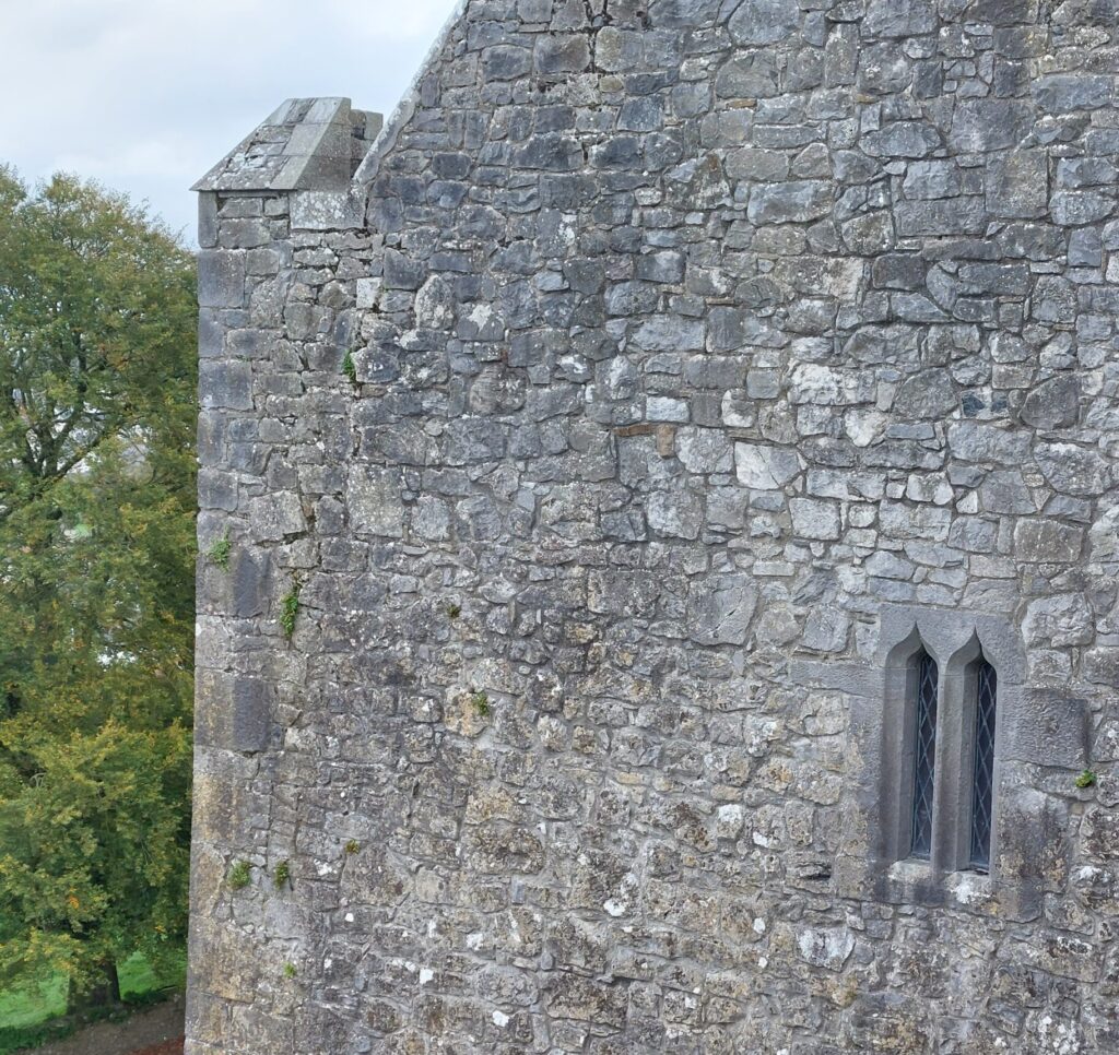 A stone wall at the Rock of Cashel containing a Sheela na Gig figure on her side