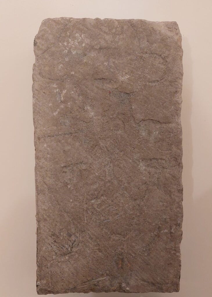 A weathered Sheela na Gig figure on a slab, hanging on a wall in Cashel Palace Hotel