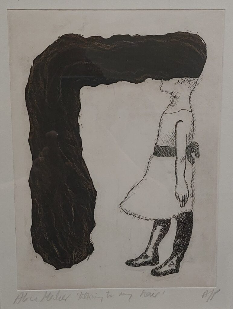 Talking to my Hair by artist Alice Maher is an etching of a young girl with very long dark hair covering her face and forming an arch to the ground