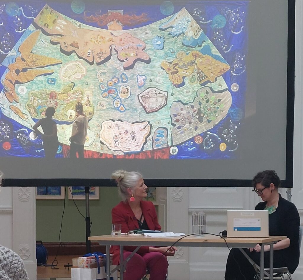 Artists Alice Maher and Rachel Fallon presenting with a projection of The Map, at the Hugh Lane Gallery in October 2022