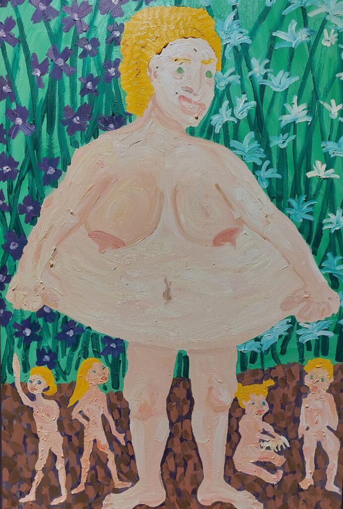 Painting by Amanda Doran featuring a large, nude woman stretching out her belly to shelter four children