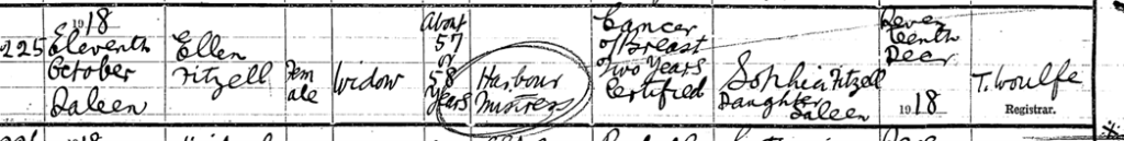 Death certificate of Ellen Fitzell, Harbour Mistress, 1918