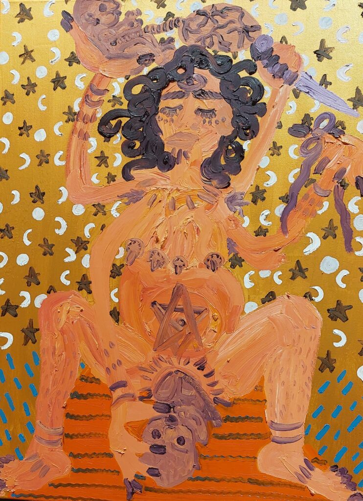 Painting by Amanda Doran entitled God is a Woman, depicting a many-armed goddess giving birth