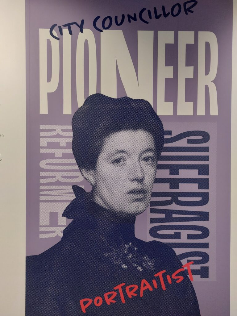 Poster of Sarah Cecilia Harrison - part of the Memento Civitatem exhibition. She is surrounded by words: suffragist, pioneer, portrait artist, city councillor