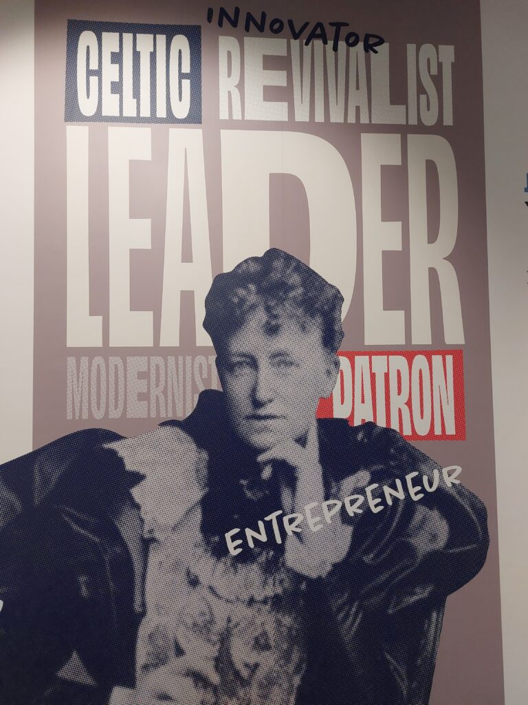 Poster of Sarah Purser, part of the Memento Civitatem exhibition. She is surrounded by words including leader, patron, entrepreneur
