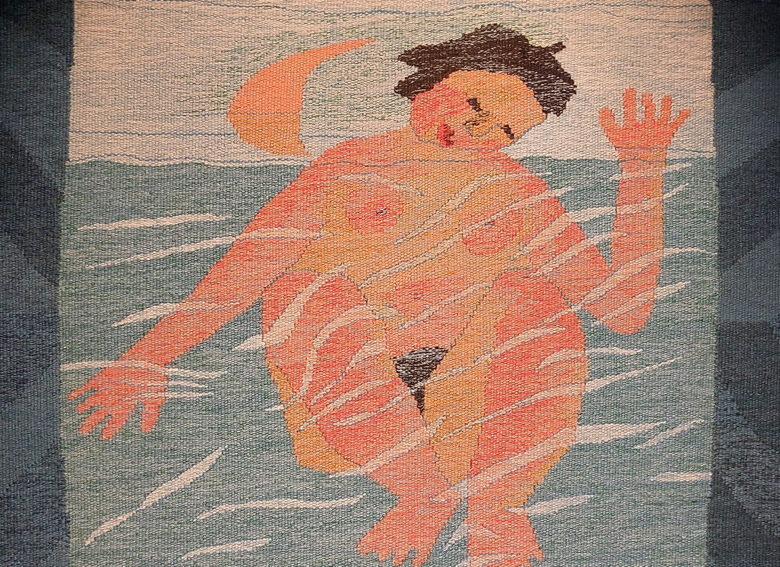 Extract of a textile artwork by Hildur Hakonardottir showing a naked woman in the sea with a half moon in the sky