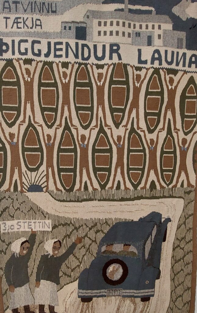 Tapestry by Hildur Hakonardottir called The Third Estate, depicting women in the fishing industry seeking equal rights