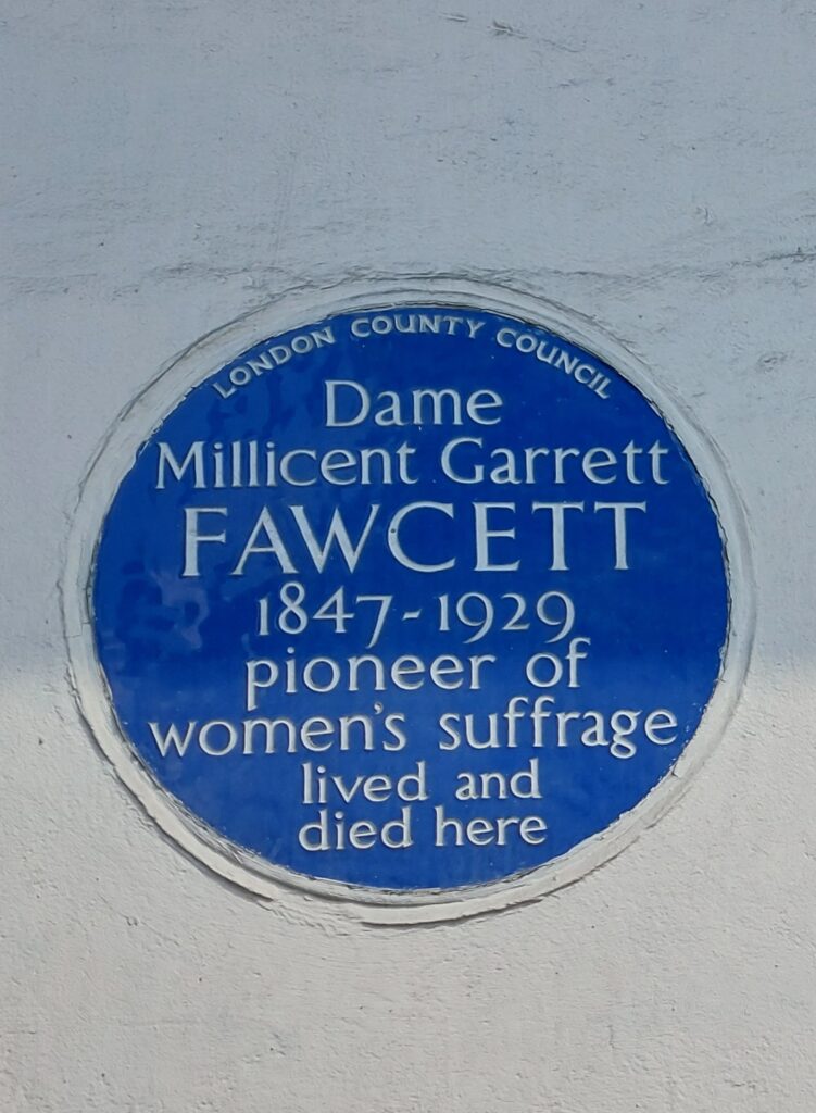 Blue plaque commemorating Millicent Fawcett 1847-1929, pioneer of women's suffrage