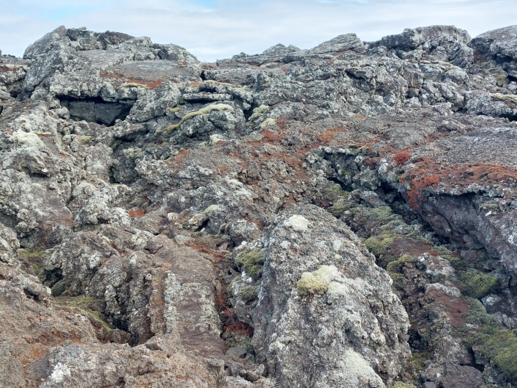 Icelandic landscape featuring volcanic rocks covered in moss