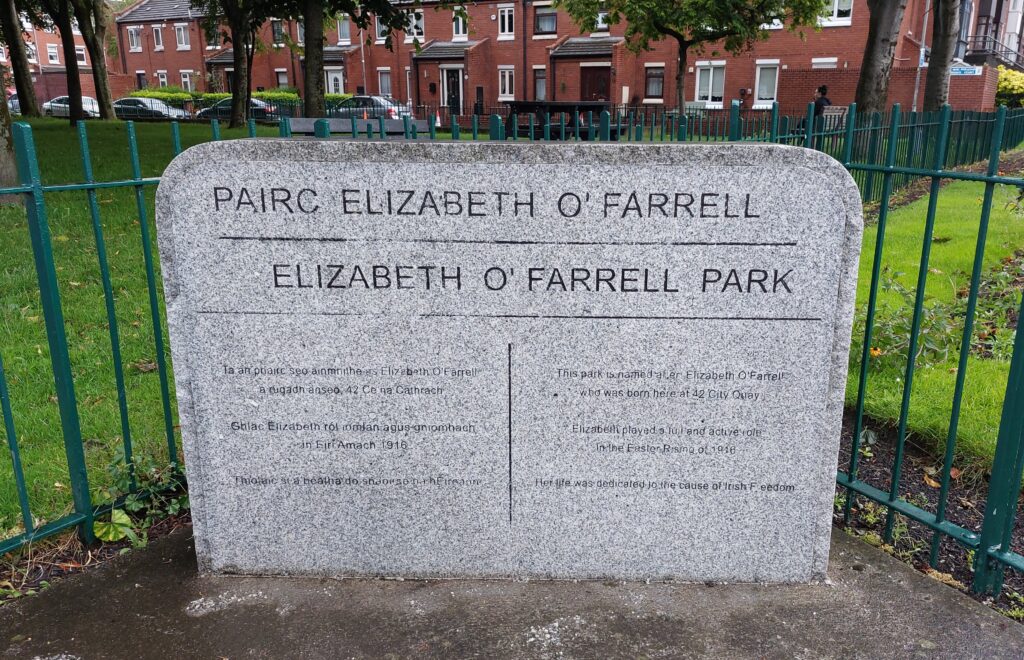 Memorial for Elizabeth O'Farrell at the park named for her on City Quay, Dublin. 