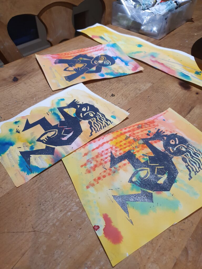 Lino prints of Sheela na Gigs.